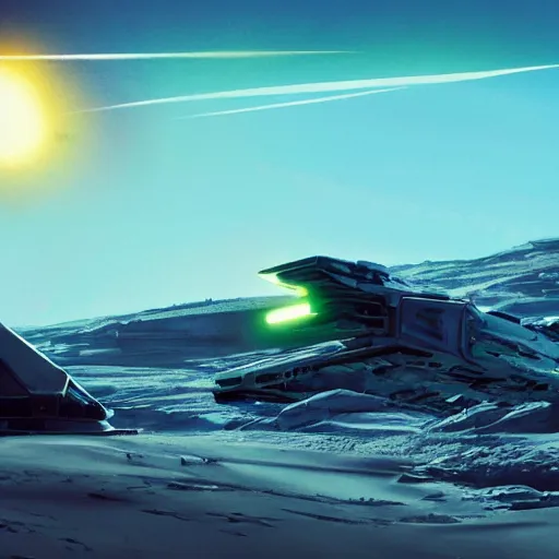 Image similar to Remains of a derelict space carrier in dunes on an alien planet, cinematic angle, cinematic lighting, blue sky, by Syd Mead, John Harris, Federico Pelat, Star Citizen, Battlestar Galactica