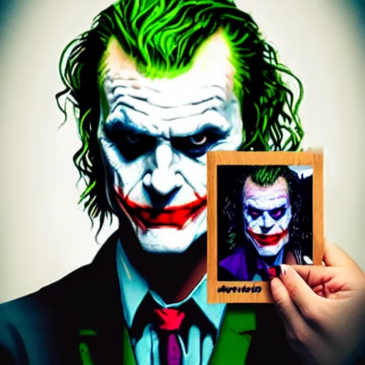 Prompt: the joker holding a printed photo of Margot Robbie, digital painting, amazing detail, artstation, photorealistic, cgsociety