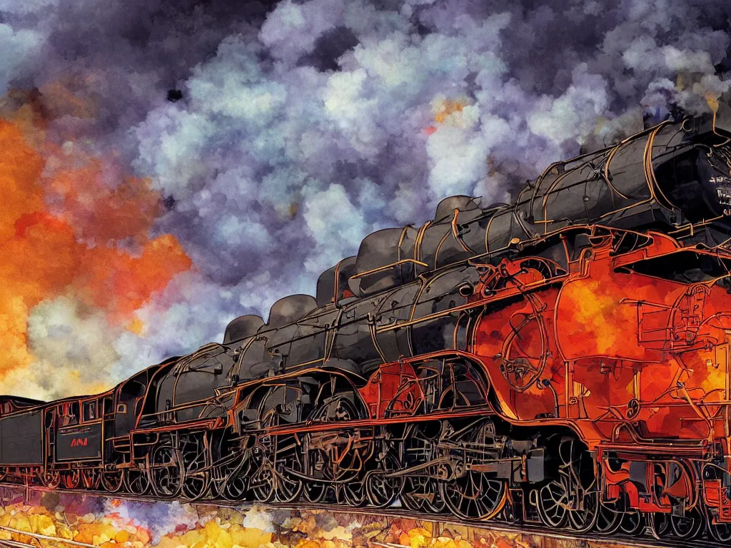 Image similar to cross - section close - up view of a steam anime train, autumn light, colorful, smoke, beautiful, by studio ghibli, digital art, concept art, sharp focus, illustration