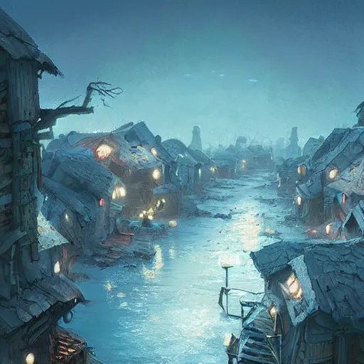 Image similar to smurf village as slums, greg rutkowski, detailed,