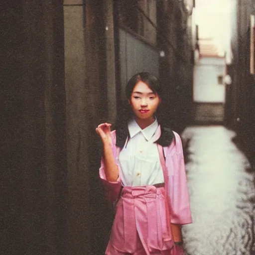 Image similar to 1990s perfect 8K HD professional cinematic photo of close-up japanese schoolgirl posing in sci-fi dystopian alleyway at morning during rain, at instagram, Behance, Adobe Lightroom, with instagram filters, depth of field, taken with polaroid kodak portra