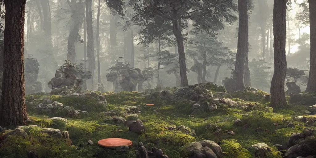 Image similar to 3d painted forest landscape with a single small brutalism monument in the center by james jean, redshift, octane