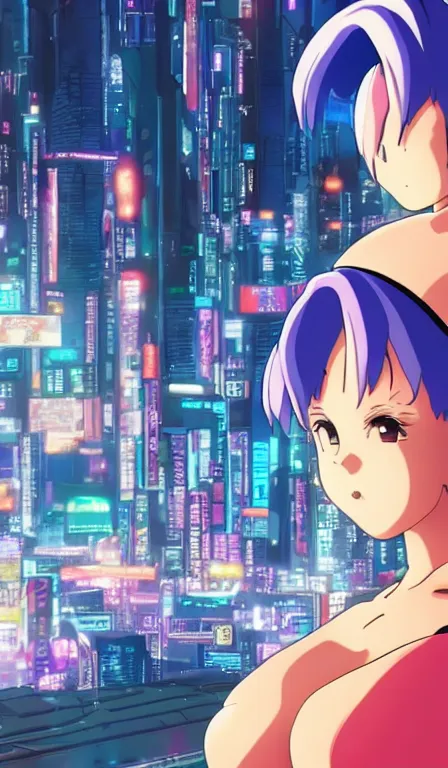 Image similar to anime fine details portrait of Bulma in front of cyberpunk moder city landscape on the background deep bokeh, close-up view, anime masterpiece by Studio Ghibli. 8k, sharp high quality anime, artstation