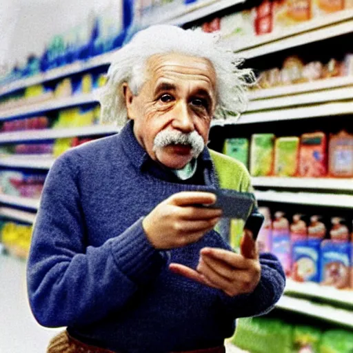 Prompt: colorized photo of Albert Einstein holding a smartphone in Walmart, 4k