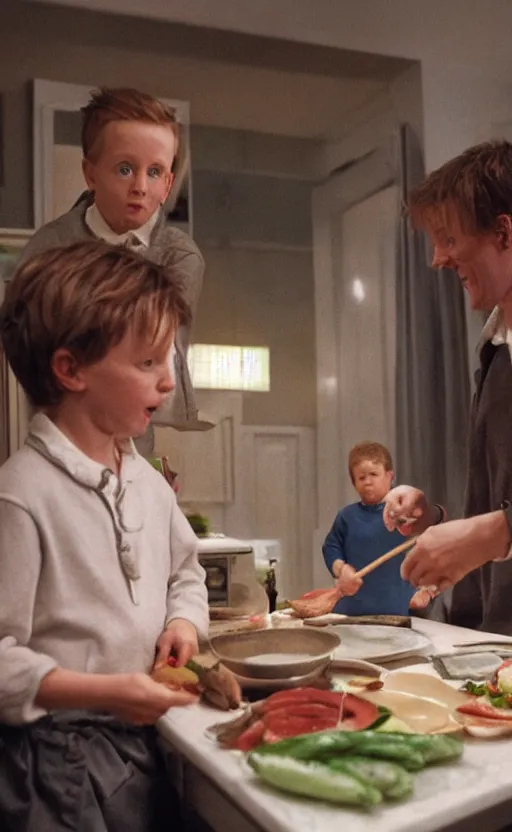 Image similar to kevin mccallister cooking harry and marv for dinner, photorealistic, realistic, detailed, hyperrealistic, 8 k, hdr, high quality, high resolution, lossless quality