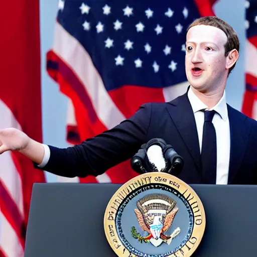 Image similar to mark zuckerberg as the president of the united states wearing a suit standing at the presidential podium