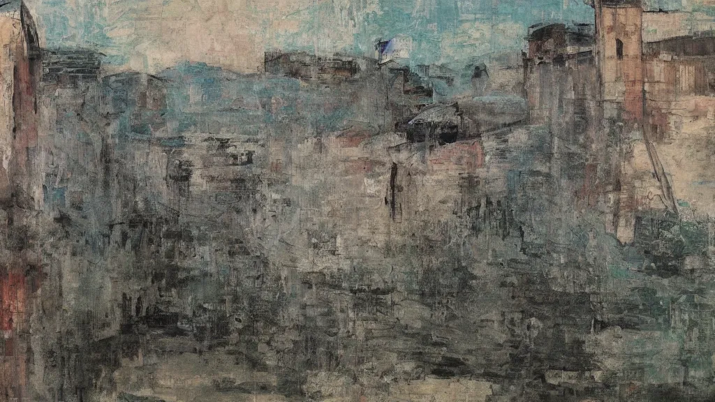 Image similar to a chinese prison near a river by peter doig, muted colors