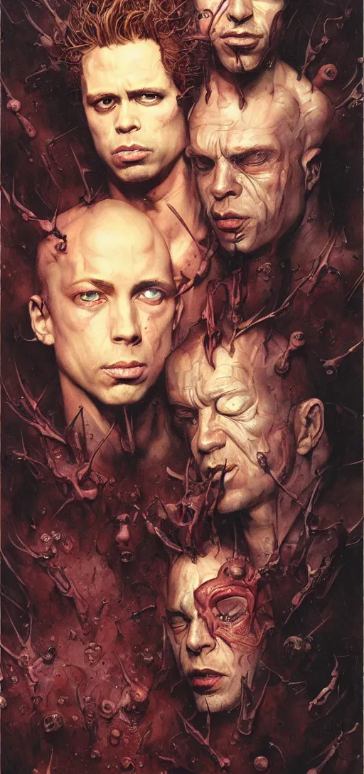 Image similar to portrait of tyler durden and the narrator in the style of wayne barlowe, gustav moreau, peter mohrbacher, bussiere, roberto ferri, santiago caruso, luis ricardo falero, austin osman spare