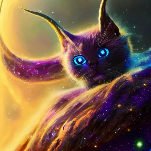 Prompt: a highly detailed galaxy cat with horns and wings in space , trending on artstation, digital art, 4k, hyper realism, high detail, cinematic, cinematic lighting, high detail, realistic, fantasy