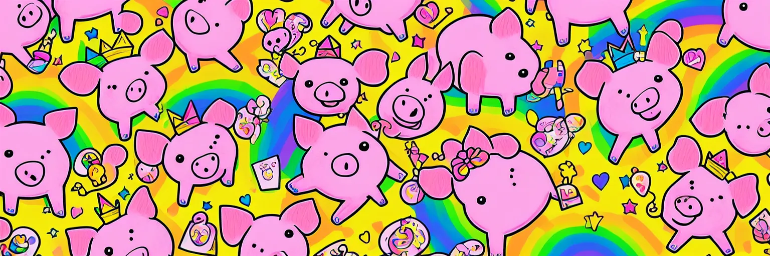 Image similar to illustration of cute pigs wearing gold crowns and rainbows digital art wallpaper by lisa frank, intricate illustration