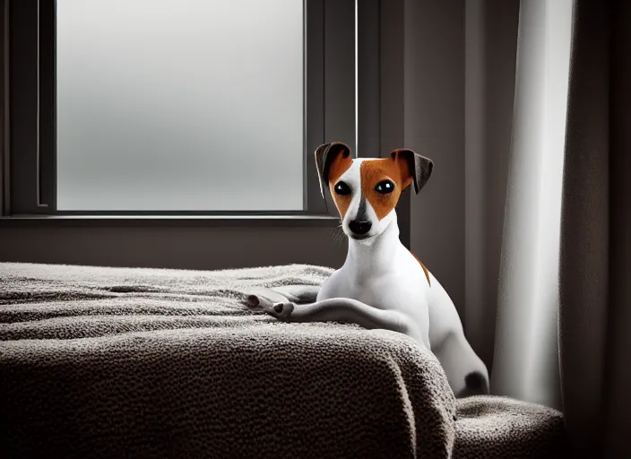 Image similar to photography of a Jack Russel . watching outside the window. on a bed. in a white room. octane render,volumetric light, volumetric fog, photorealistic,, award winning photo, 100mm, sharp, cloth, high res