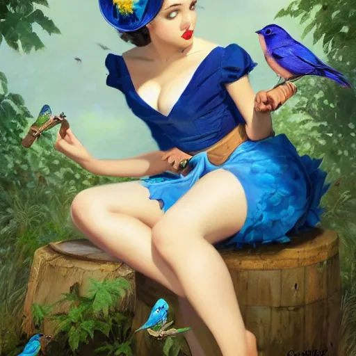 Image similar to pinup girl holding an indigo bunting, bird, the bird is wearing a crown and bowtie by greg rutkowski, rossdraws, gil elvgren, enoch bolles, anime, very coherent