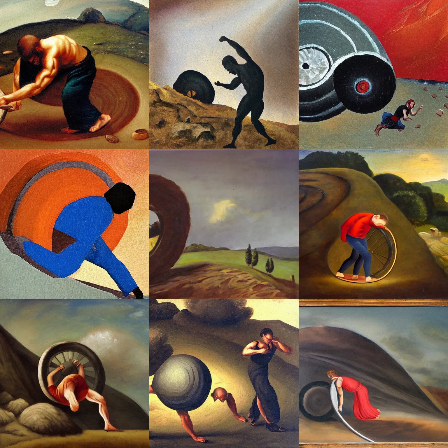 Prompt: sisyphus struggling to roll a bus wheel up a hill, oil painting