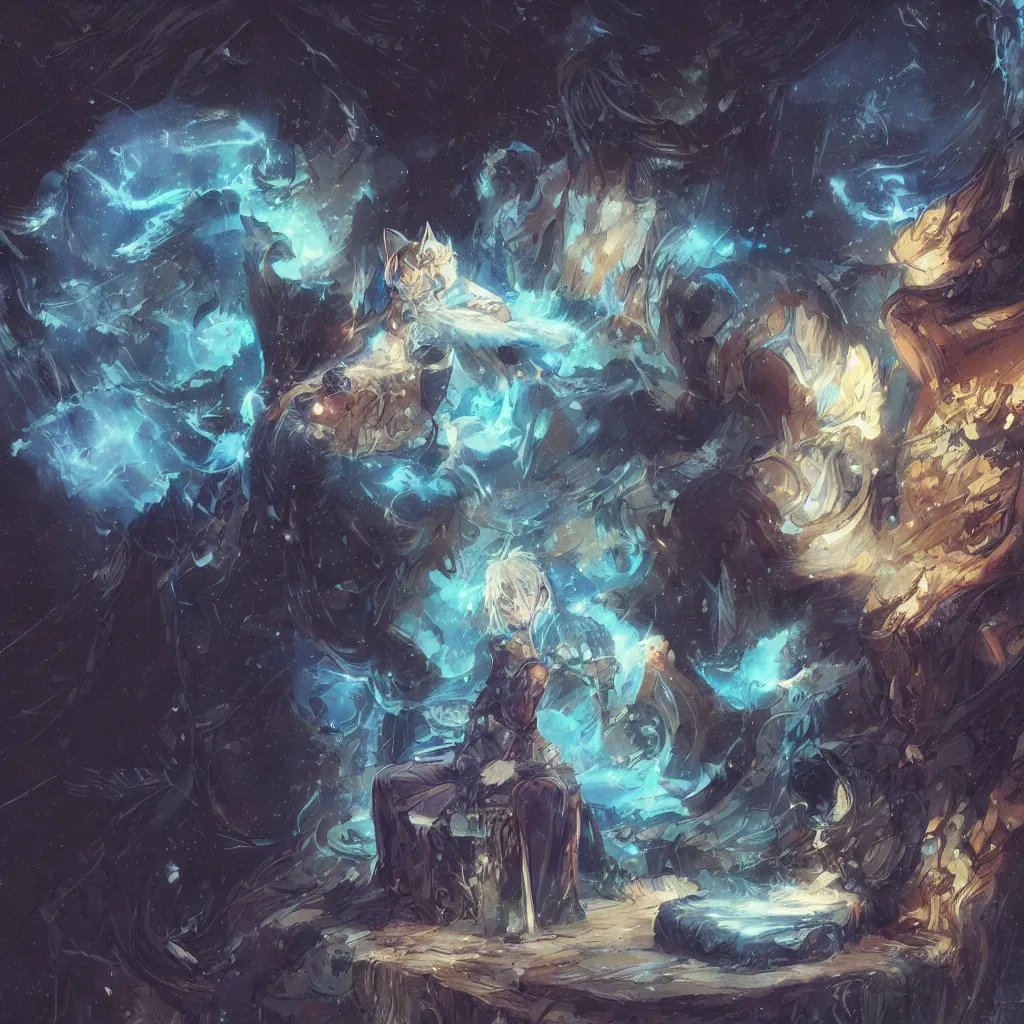 Image similar to anime cat with cloak laying on a magical wood carved chair, super powers, glowing tiny blue lines, concept art, by greg rutkowski, overdetailed art