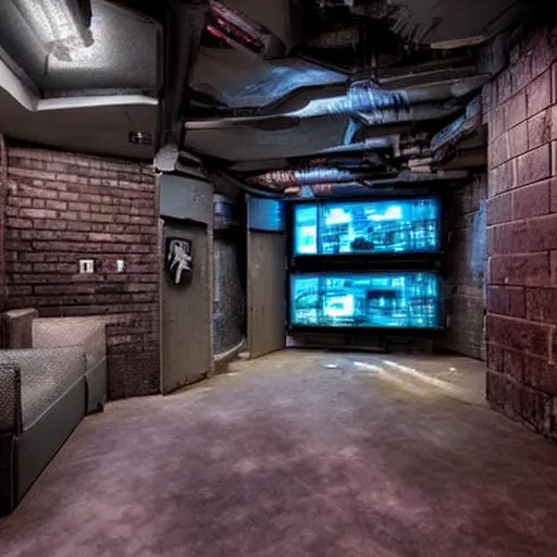 Prompt: a cyberpunk themed basement