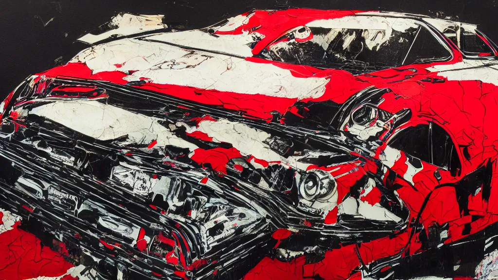 Prompt: lowrider crash test, collage paper and tape, black and red oil, acrylic on canvas, expressionism, high resolution, cinematic, unreal 6 breathtaking detailed, by blake neubert