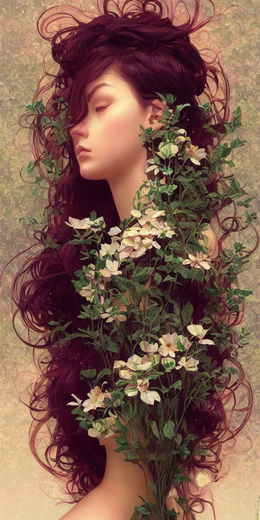 Image similar to surreal beautiful young woman, sitting with flowers, detailed gorgeous face turning into a tree, leaves, dark, ominous, sad eyes, vaporwave aesthetic, synthwave , digital painting, artstation, concept art, smooth, sharp focus, illustration, art by artgerm and greg rutkowski and alphonse mucha