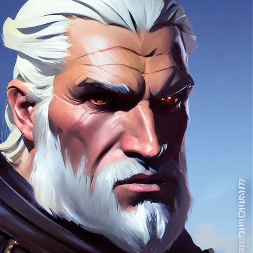 Image similar to Greg Manchess portrait painting of Geralt of Riva as Overwatch character, medium shot, asymmetrical, profile picture, Organic Painting, sunny day, Matte Painting, bold shapes, hard edges, street art, trending on artstation, by Huang Guangjian and Gil Elvgren and Sachin Teng