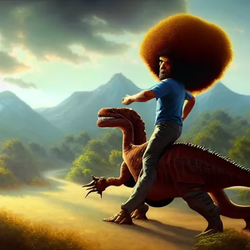 Prompt: bob ross!!! riding!!! a dinosaur!!, giant afro!, model pose, ultra realistic, concept art, intricate details, highly detailed, photorealistic, octane render, 8 k, unreal engine. art by artgerm and greg rutkowski and alphonse mucha