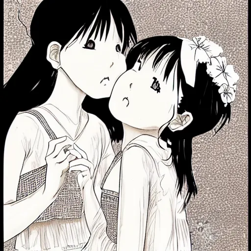 Image similar to portrait of two girls kissing, detailed manga art