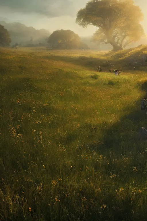 Prompt: A endless beuatiful meadow by Greg Rutkowski, Sung Choi, Mitchell Mohrhauser, Maciej Kuciara, Johnson Ting, Maxim Verehin, Peter Konig, final fantasy , 8k photorealistic, cinematic lighting, HD, high details, atmospheric,