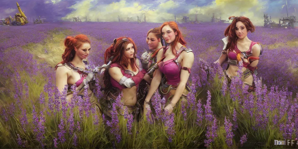 Image similar to warhammer 40k battle sisters in a lavander field. by Daniel F. Gerhartz, hyperrealistic oil painting, 4k, studio lightning, very detailed faces, rtx on