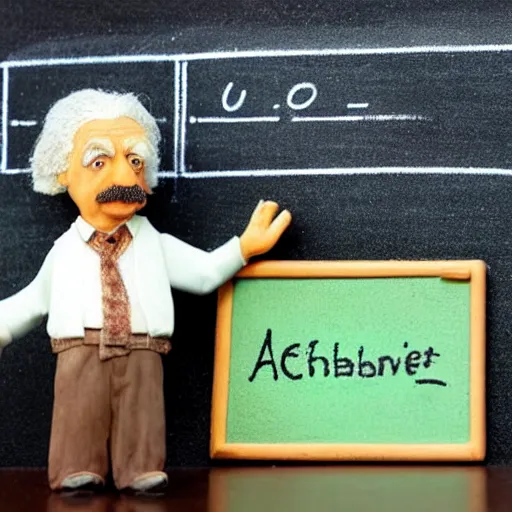 Image similar to claymation miniature scene of albert einstein standing in front of miniature blackboard with lots of mathematical formulas chalked on