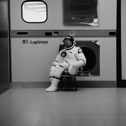 Image similar to a beautiful photo of an astronaut waiting in a laundromat, '70, soft light, morning light, photorealistic, realistic, octane, 8k, cinematic shot