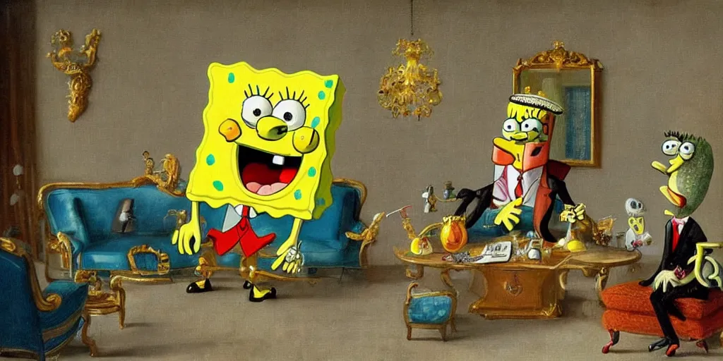 Prompt: a high detailed painting of a spongebob and patrick dressed in expensive and fancy designer clothes at a party in a luxurious hotel in new york ,surrealism, magical realism bizarre art