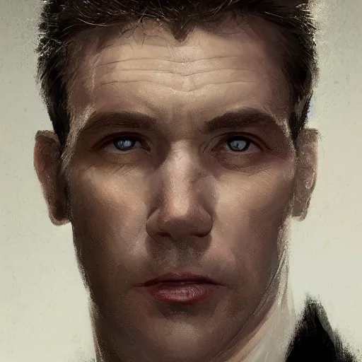 Prompt: Portrait of a man by Greg Rutkowski, he is about 40 years old, mixture between russian and irish, coiffed brown hair, attractive, extremely pale white skin, smart looking, he is wearing a black futuristic lawyer outfit, highly detailed portrait, scifi, digital painting, artstation, concept art, smooth, sharp foccus ilustration, Artstation HQ