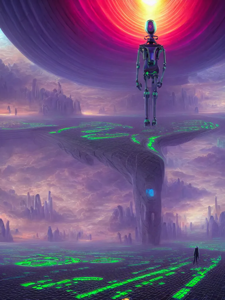 Image similar to entrance to ethereal realm, humans and robots, rendered in unreal engine, central composition, symmetrical composition, dreamy colorful cyberpunk colors, 6 point perspective, fantasy landscape with anthropomorphic!!! terrain!!! in the styles of igor morski, jim warren, and rob gonsalves, intricate, hyperrealistic, volumetric lighting, big sky, distinct horizon