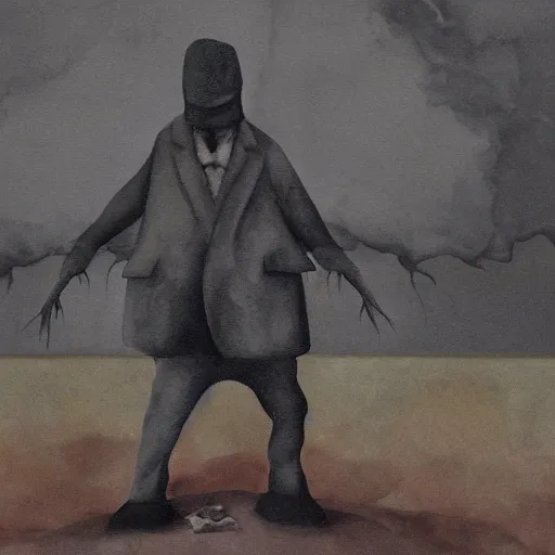 Image similar to phthalo, stock photo haunting by lois mailou jones, by george grosz. a beautiful street art of a small figure standing in the center of a dark, foreboding landscape. the figure is surrounded by strange, monstrous creatures, & there is a feeling of unease & dread.