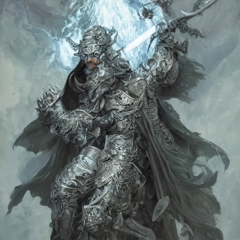 Image similar to Portrait of an Aasimar Paladin-Druid with glowing blue eyes, pale grey skin, silver full beard, and silver hair. He has a sword and wears green armor. Epic fantasy art, award winning on Artstation, intricate, highly detailed, dramatic lighting, illustration, concept art, art by artgerm and greg rutkowski and alphonse mucha, D&D, Dungeons and Dragons.
