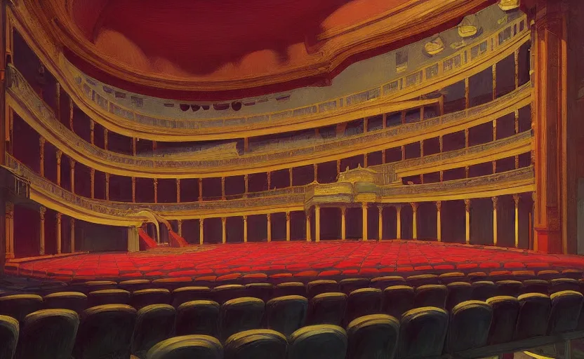 Image similar to Inside a Opera house, very coherent, painted by Edward Hopper, Wayne Barlowe, painted by James Gilleard, airbrush, art by JamesJean