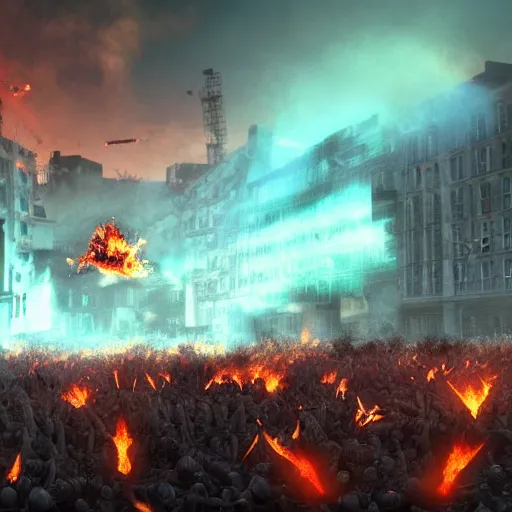 Image similar to the biggest mosh pit in the world, punks throwing Molotovs in the air, fighting, flame and fire, glowing upside cross, cinematic, epic, volumetric, godrays, dynamic lighting, dust flying up into the air, people shooting into the air with guns, octane render, photorealistic, unreal engine, artstation, artstation trending, artstation hq, artstation hd, Pinterest, 8k, ultra detailed, ultra realistic,