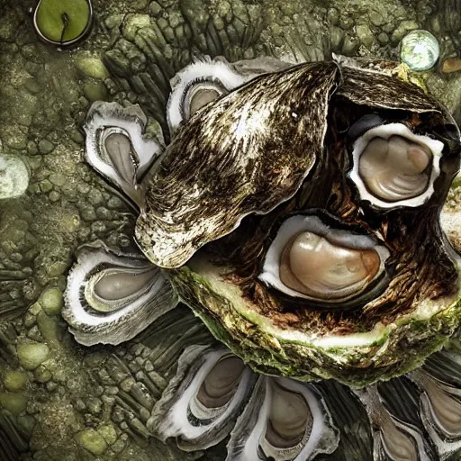 Prompt: ultra detailed, an oyster with a forest world inside, wet, shiny, fantasy, ultrarealistic