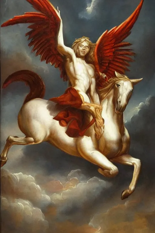 Prompt: this painting seems to depict a wingless angel on a horse who looks down at the ground beneath him. meanwhile, above him is a twisting funnel of angry red fire.
