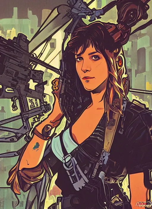 Image similar to maria. cyberpunk mercenary in scenic setting. portrait illustration, pop art, splash painting, art by ashley wood, alphonse mucha, laurie greasley and josan gonzales