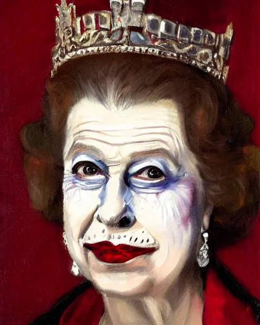 Image similar to portrait of Queen Elizabeth as the Joker, art by Carel Fabritius