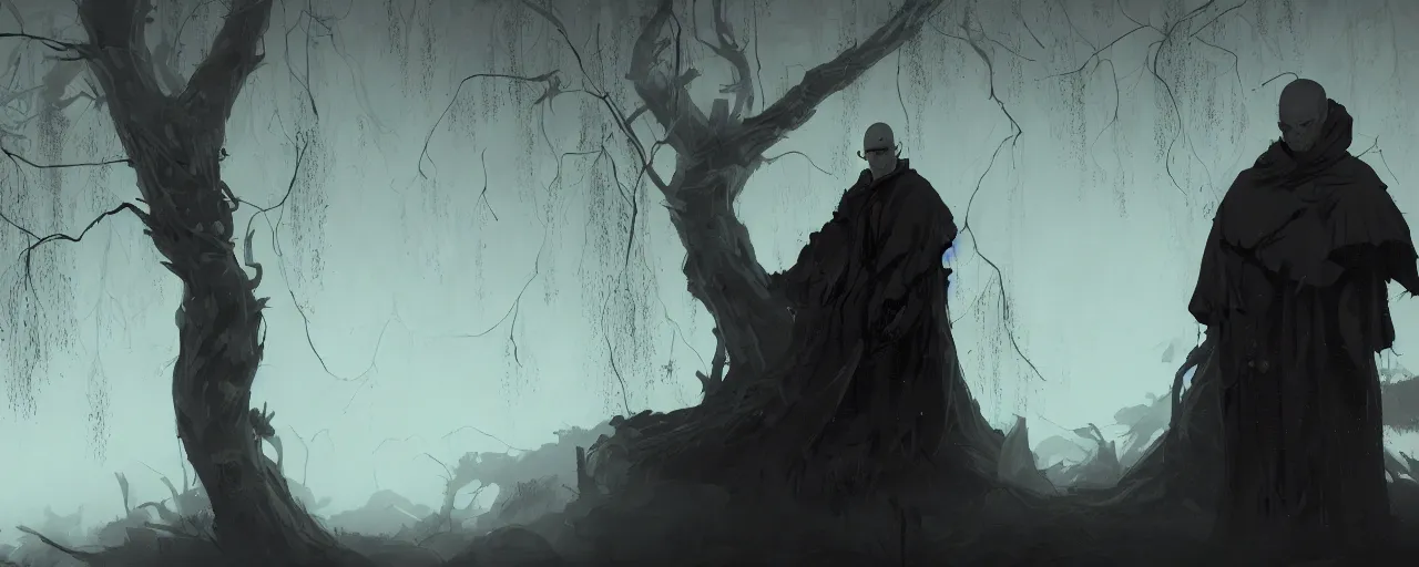 Image similar to duotone noir illustration close up of bald merchant demon in midair among willow tree in medieval brown tunic. foggy evening. dynamic dark dream atmosphere with volumetric hellish lighting, by sachin teng and sergey kolesov and ruan jia and heng z. graffiti art, scifi, fantasy, hyper detailed. octane render. concept art. trending on artstation