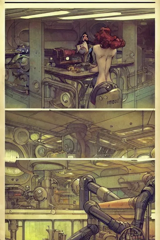 Image similar to comic book art nouveau page layout ( ( ( ( ( 1 9 5 0 s retro future robot lab interior. muted colors. ) ) ) ) ) by jean - baptiste monge!!!!!!!!!!!!!!!!!!!!!!!!!!!!!!