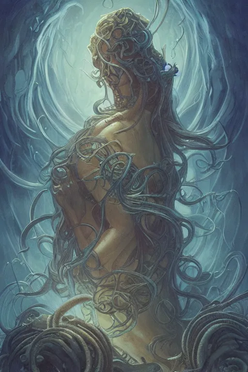 Prompt: Cthulhu in deep sea with deep ones, COC, fantasy, intricate, highly detailed, digital painting, artstation, concept art, smooth, sharp focus, illustration, art by artgerm and greg rutkowski and alphonse mucha