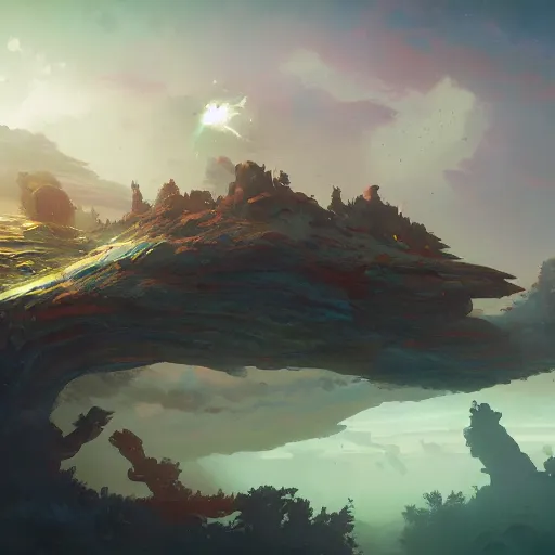 Image similar to alien world horizon by Peter Mohrbacher, James Jean, Craig Mullins, Ross Tran, Hiroshi Yoshida, Mark Simonetti