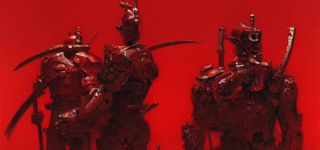 Prompt: only with red, a white samurai cyborg, tokio, a lot of swords, in the style of beksinski, parts by edward hopper, parts by rodcenko, parts by yue minjun, intricate and epic composition, red by caravaggio, insanely quality, highly detailed, masterpiece, red light, artstation, 4 k