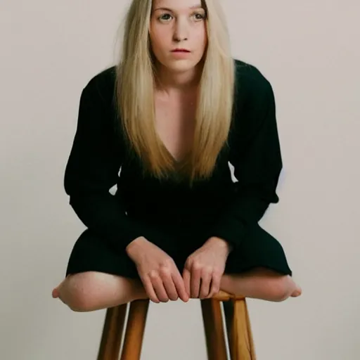 Image similar to a woman sitting on top of a wooden stool, a polaroid photo by louisa puller, trending on pinterest, minimalism, white background, studio portrait, minimalist