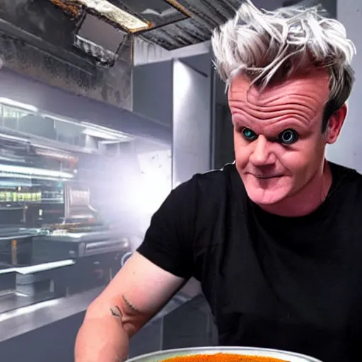 Image similar to cyberpunk Gordon Ramsey making NANITE SOUP AND SHOWING it to EVERYONE