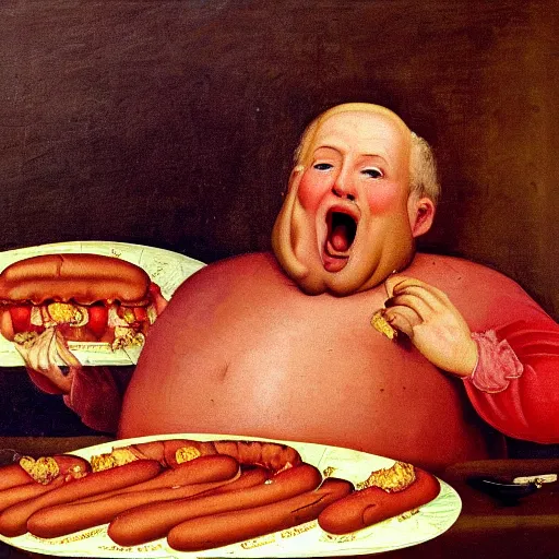 Image similar to a renaissance oil painting of a man eating way too many hotdogs, his stomach is distended, his expression is pure elation, high art, 8 k