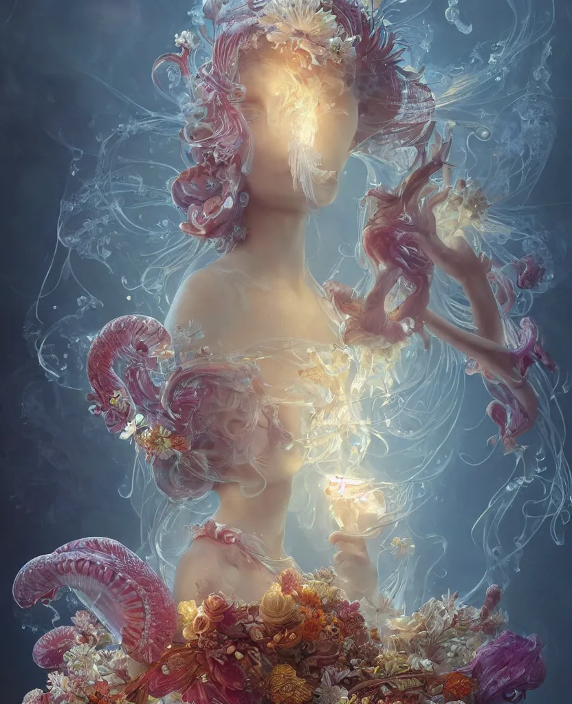 Prompt: a beautiful goddess surounded with jellyfish phoenix and bird and giant orchid, flower and giant gladiola. midsommar style, intricate, elegant, surrounded by smoke and water energy flow. translucent nautilus, highly detailed. octane render, by wlop, tooth wu, greg rutkowski, alena aenami, alphonse mucha