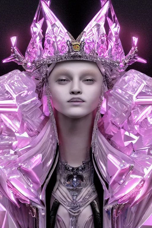 Prompt: hyper detailed ultra sharp portrait of baroque and bladerunner delicate glowing diamond sculpture of seductive muscular albino young spanish king, pink diamond black metallic sphinx iridescent humanoid deity wearing black cloak holding a prismatic gem, glowing pink face, crown of white diamonds, cinematic lighting, photorealistic, octane render 8 k depth of field 3 d