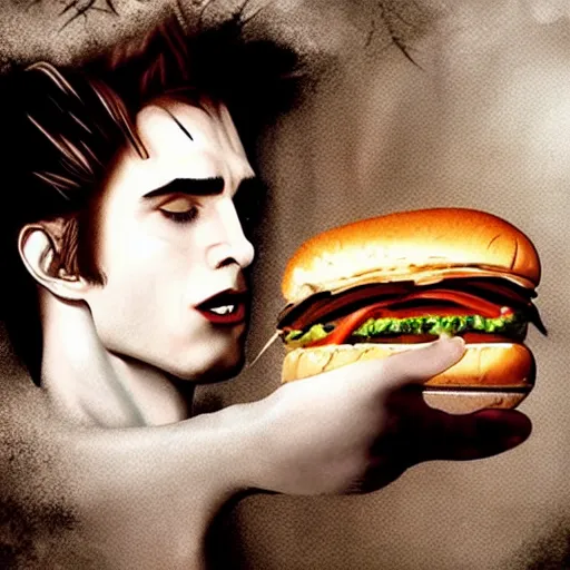 Image similar to edward cullen eating a hamburger super details, hyperrealist, cinematic style, giger towers on background